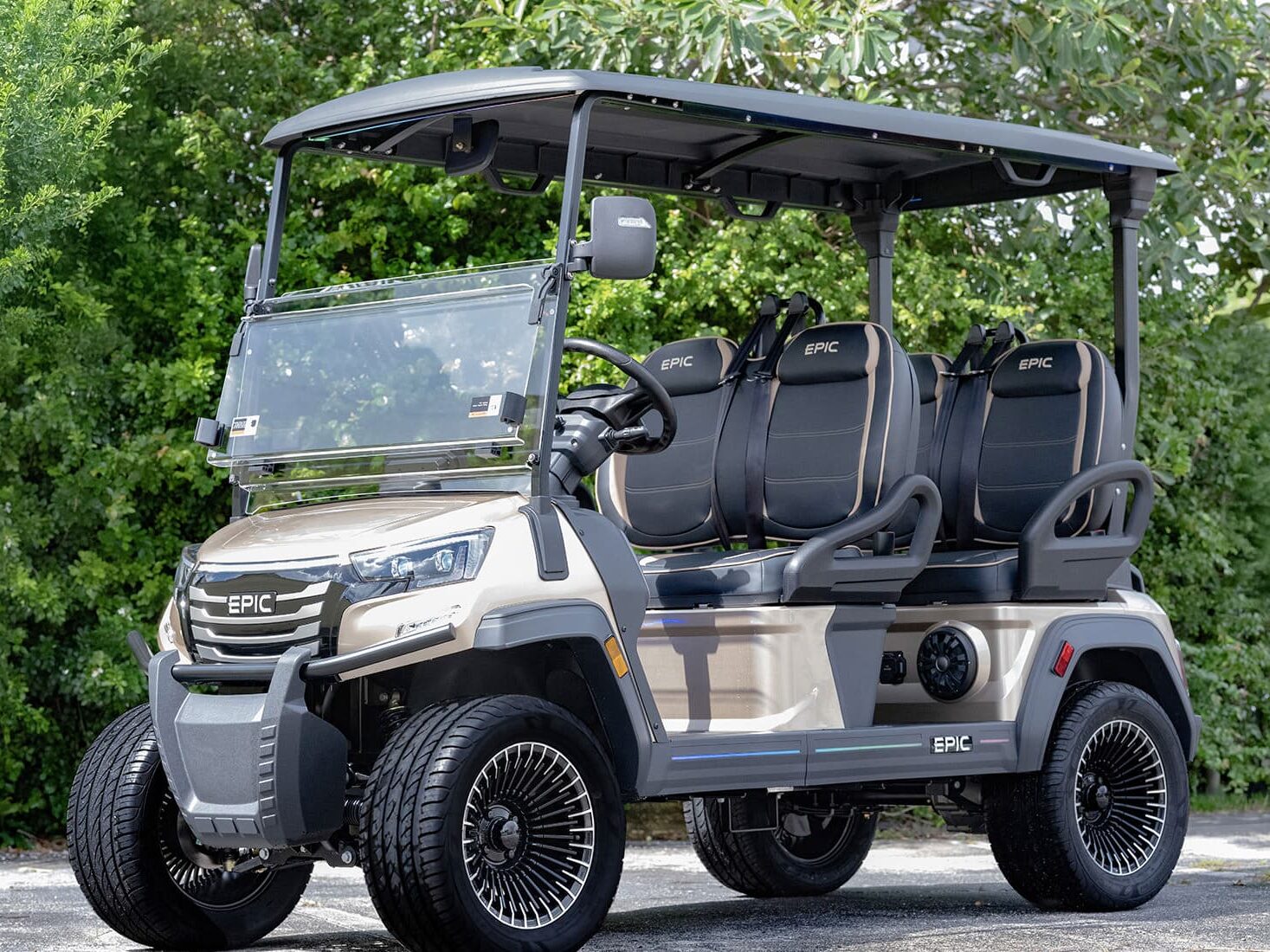 Six-seat EPIC golf cart with roof, folding windshield, black seats and large spoked wheels parked in front of green shrubs.